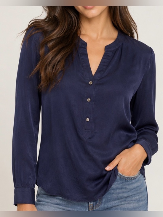Banana Republic Tops - Banana Republic 100% Silk Navy Blue Henley Blouse Long Sleeve Top Size Small